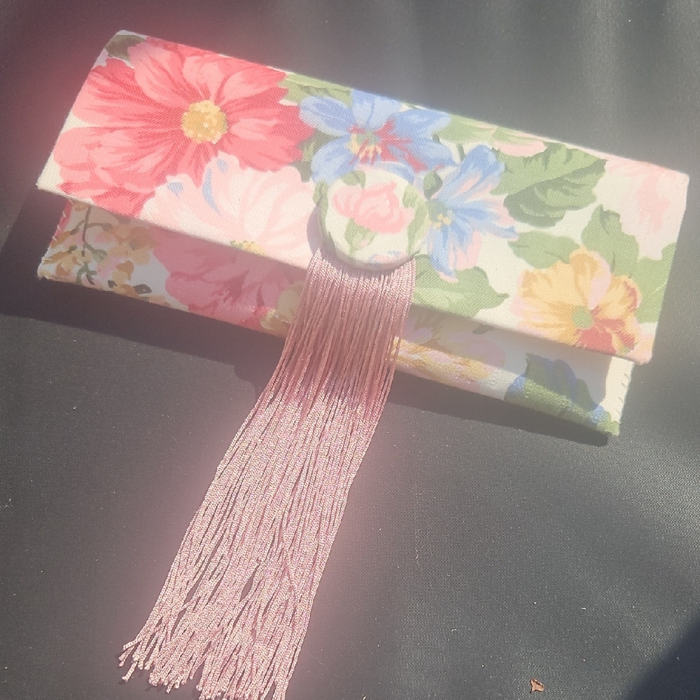 Handmade Floral Print Clutch with Pink Fringe, A Real Beauty! New!